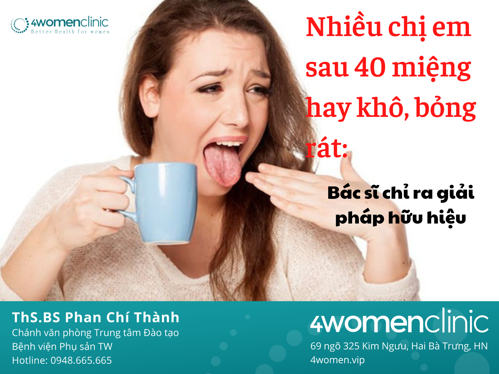 Chị Thùy Trang, 45 tuổi (Đống Đa - Hà Nội) đang kinh doanh tự do. Gần đây chị thường có cảm giác khô, rát miệng và đôi lúc cảm thấy rối loạn vị giác nhất là khi thời tiết nóng nực. Vì vậy chị đã gửi thắc mắc tới phòng khám 4women Clinic như sau: “Mình thường xuyên bị khô rát miệng, nhưng uống thuốc không thấy khỏi. Bác sĩ có thể cho mình biết lý do vì sao lại như vậy không ạ?”. 